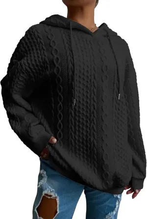 Women's Cable Knitted Hoodies Drawstring Long Sleeve Hooded Sweatshirt Casual Oversized Chunky Sweaters for Women