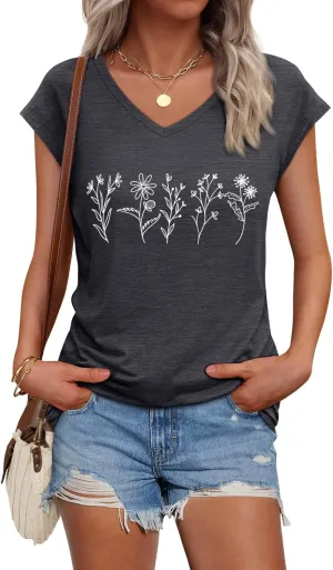 Womens Cap Sleeve Vintage Flowers V Neck Shirt Boho Floral Wildflowers Graphic Tees Funny Cottagecore Tops