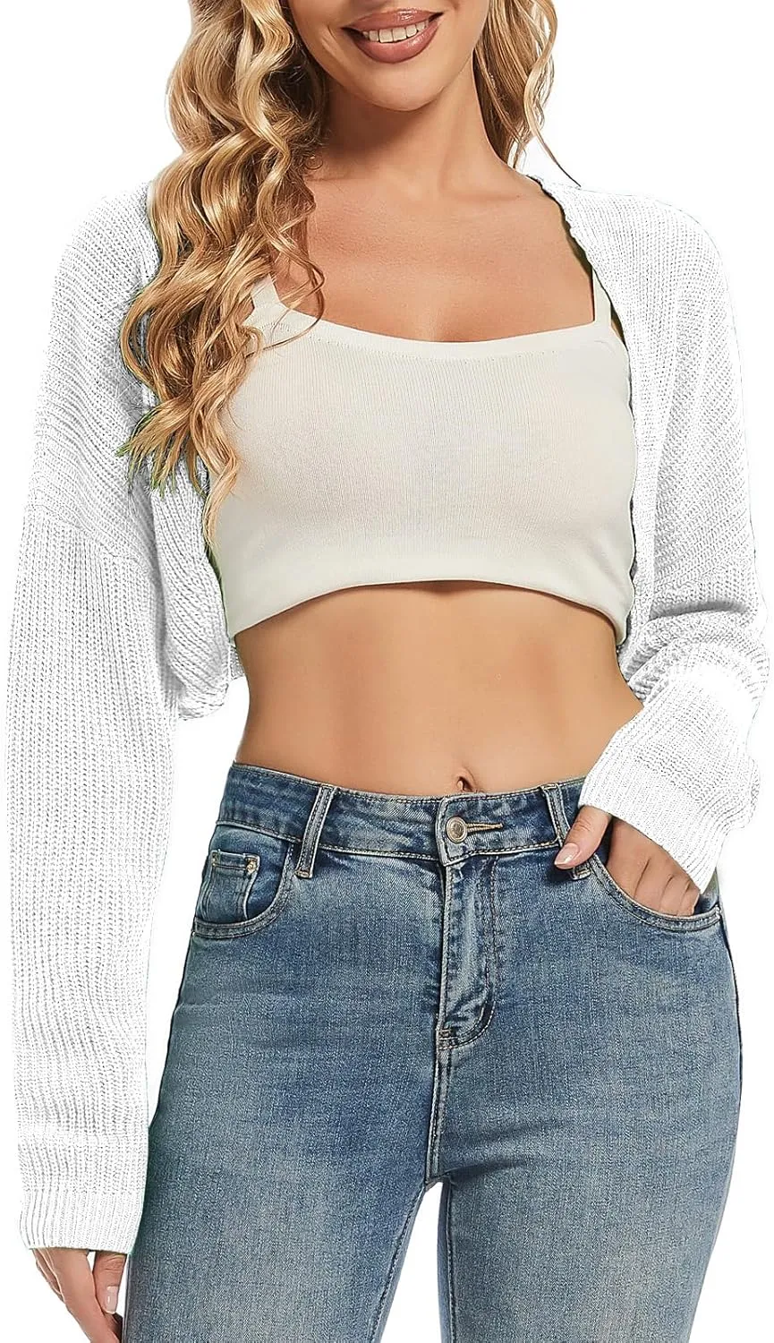 Women's Cardigan Shrugs Long Sleeve Knit Cropped Bolero Shrug Open Front Casual Cardigans for Dresses