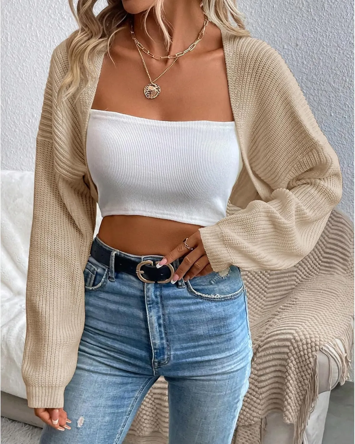 Women's Cardigan Shrugs Long Sleeve Knit Cropped Bolero Shrug Open Front Casual Cardigans for Dresses