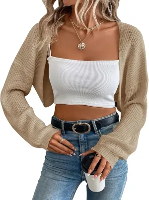 Women's Cardigan Shrugs Long Sleeve Knit Cropped Bolero Shrug Open Front Casual Cardigans for Dresses