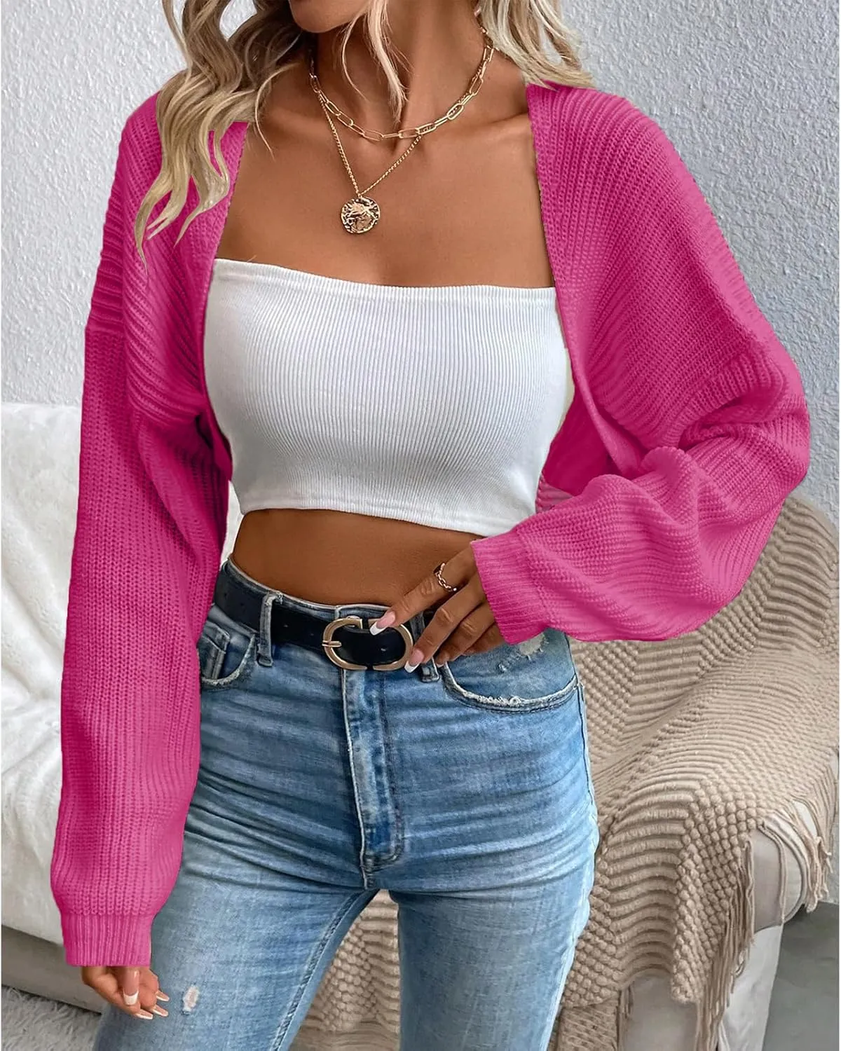 Women's Cardigan Shrugs Long Sleeve Knit Cropped Bolero Shrug Open Front Casual Cardigans for Dresses