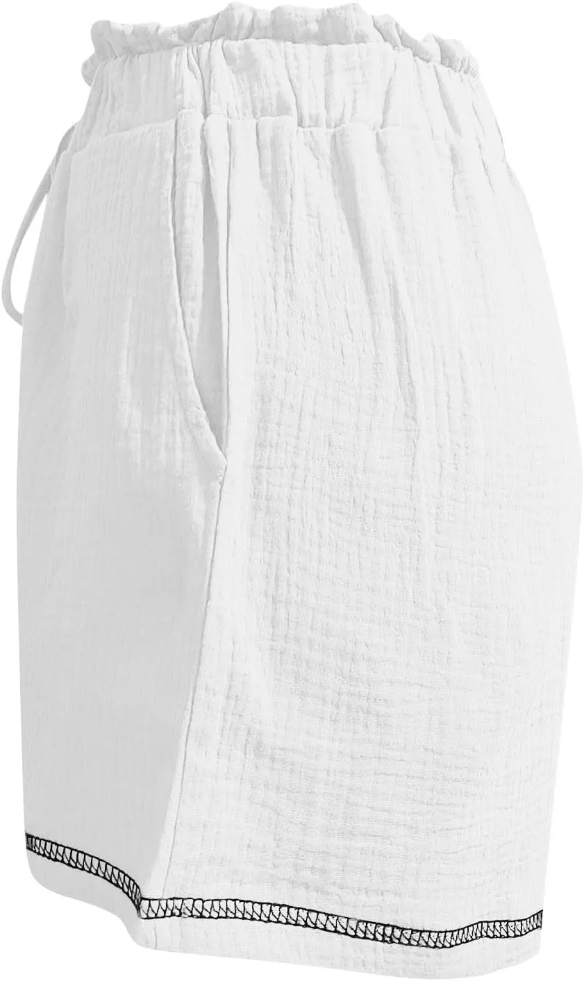 Womens Casual Shorts Cotton High Waist 2024 Solid Color Beach Cruise Shorts Comfy Loose Fit Summer Lounge Pants with Pockets