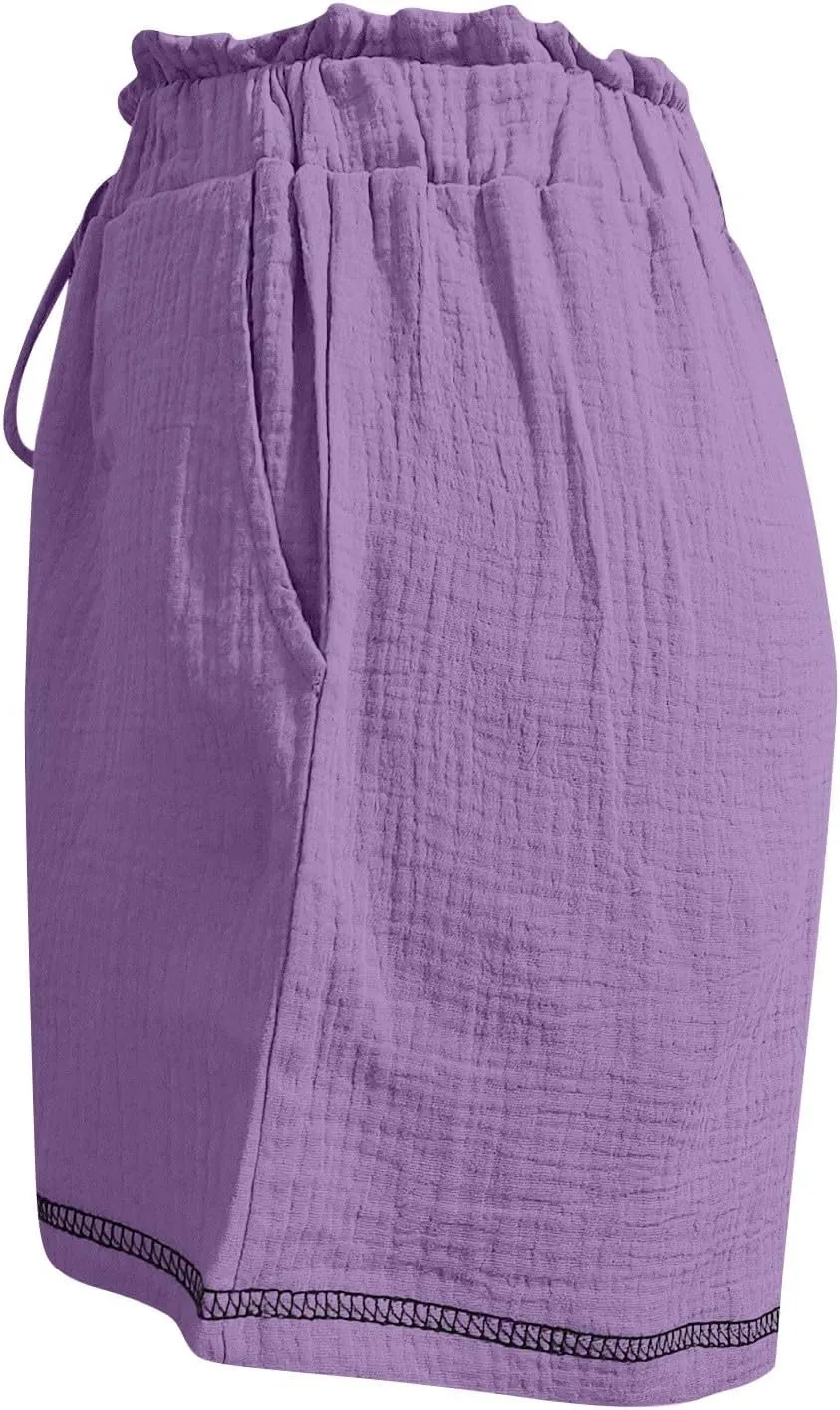 Womens Casual Shorts Cotton High Waist 2024 Solid Color Beach Cruise Shorts Comfy Loose Fit Summer Lounge Pants with Pockets