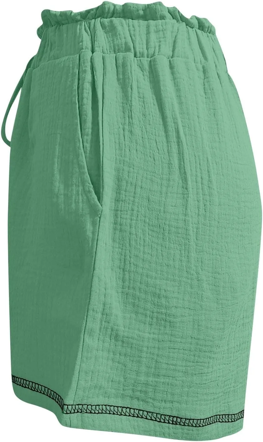 Womens Casual Shorts Cotton High Waist 2024 Solid Color Beach Cruise Shorts Comfy Loose Fit Summer Lounge Pants with Pockets