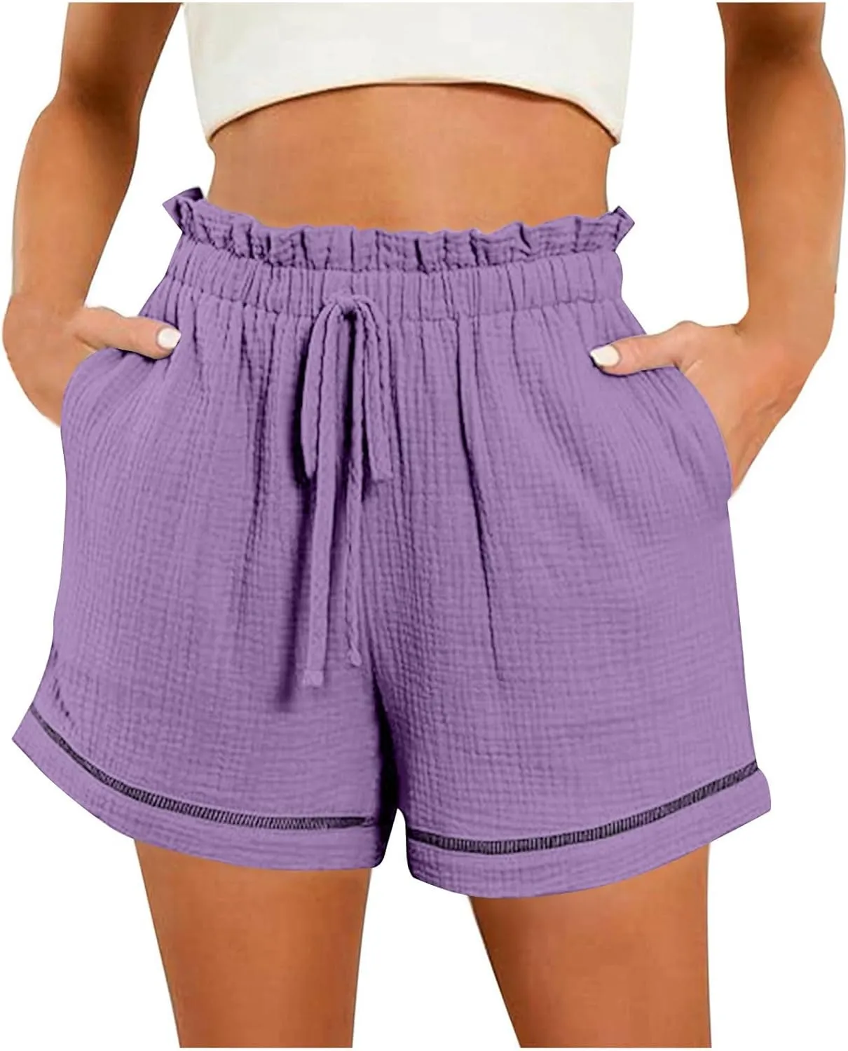 Womens Casual Shorts Cotton High Waist 2024 Solid Color Beach Cruise Shorts Comfy Loose Fit Summer Lounge Pants with Pockets