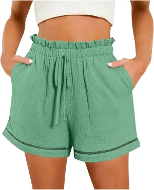 Womens Casual Shorts Cotton High Waist 2024 Solid Color Beach Cruise Shorts Comfy Loose Fit Summer Lounge Pants with Pockets