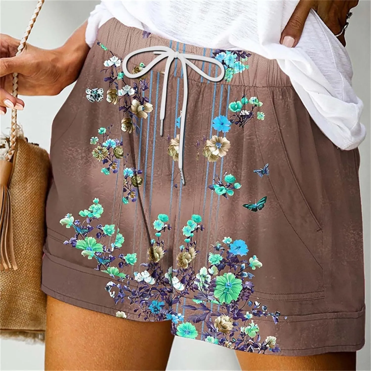 Womens Casual Shorts Fashion Floral Printed Drawstring Elastic Waisted Thin Style Short Summer Loose Comfy Crop Pant