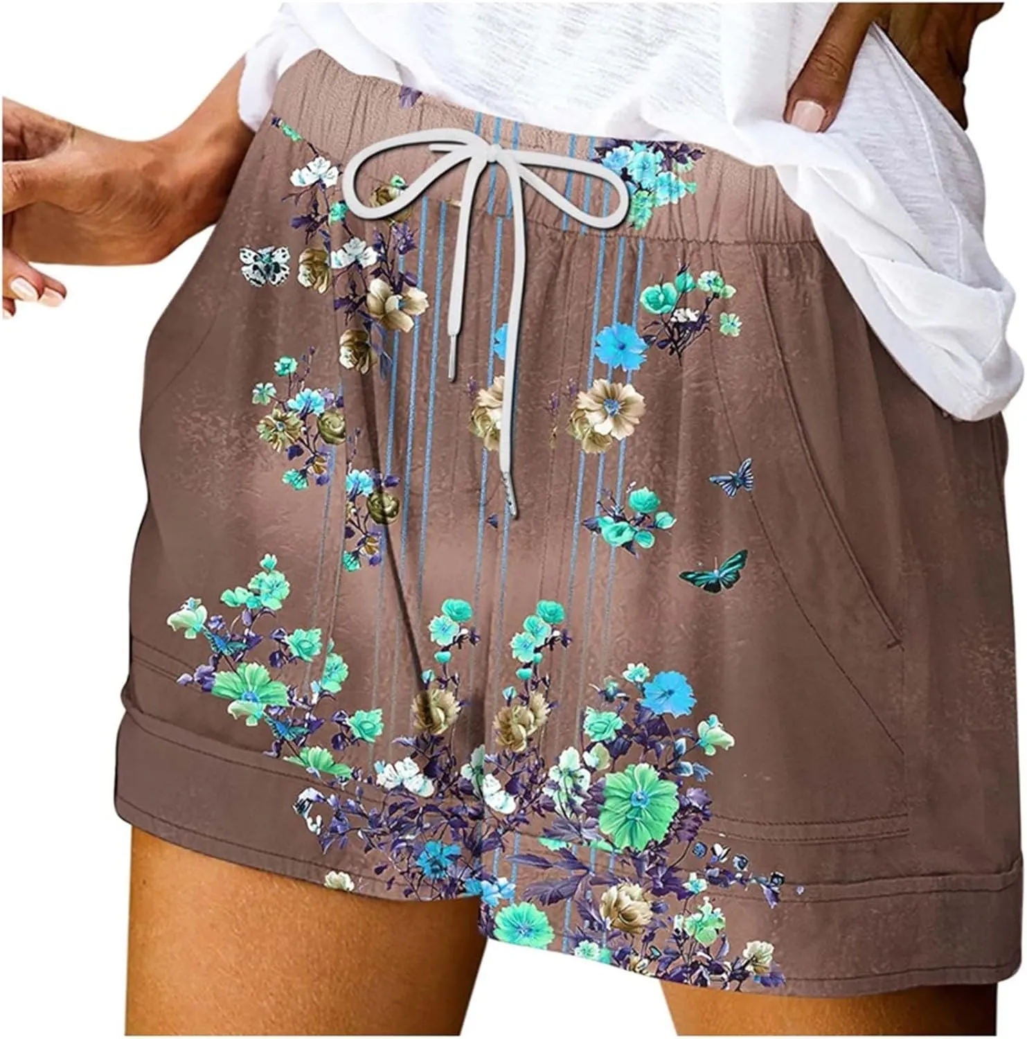Womens Casual Shorts Fashion Floral Printed Drawstring Elastic Waisted Thin Style Short Summer Loose Comfy Crop Pant
