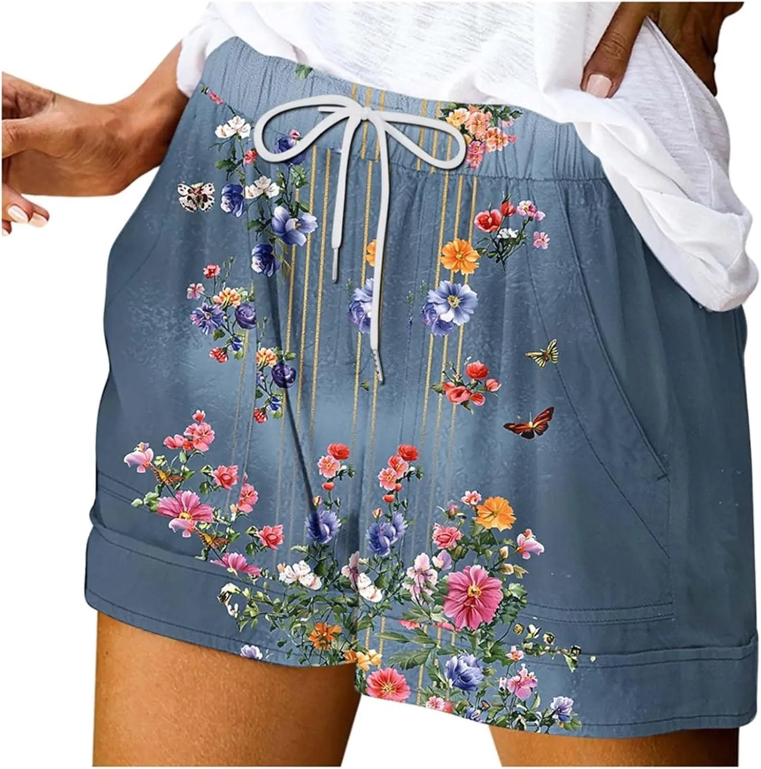 Womens Casual Shorts Fashion Floral Printed Drawstring Elastic Waisted Thin Style Short Summer Loose Comfy Crop Pant