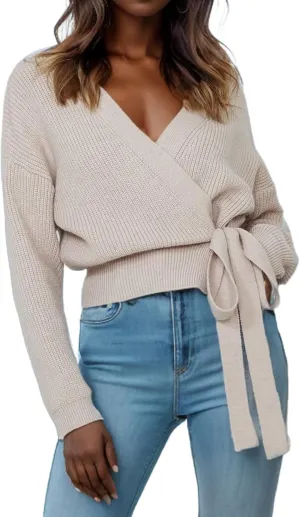 Women's Casual V Neck Wrap Sweater Pullovers Lightweight Ribbed Drop Shoulder Knitted Tops