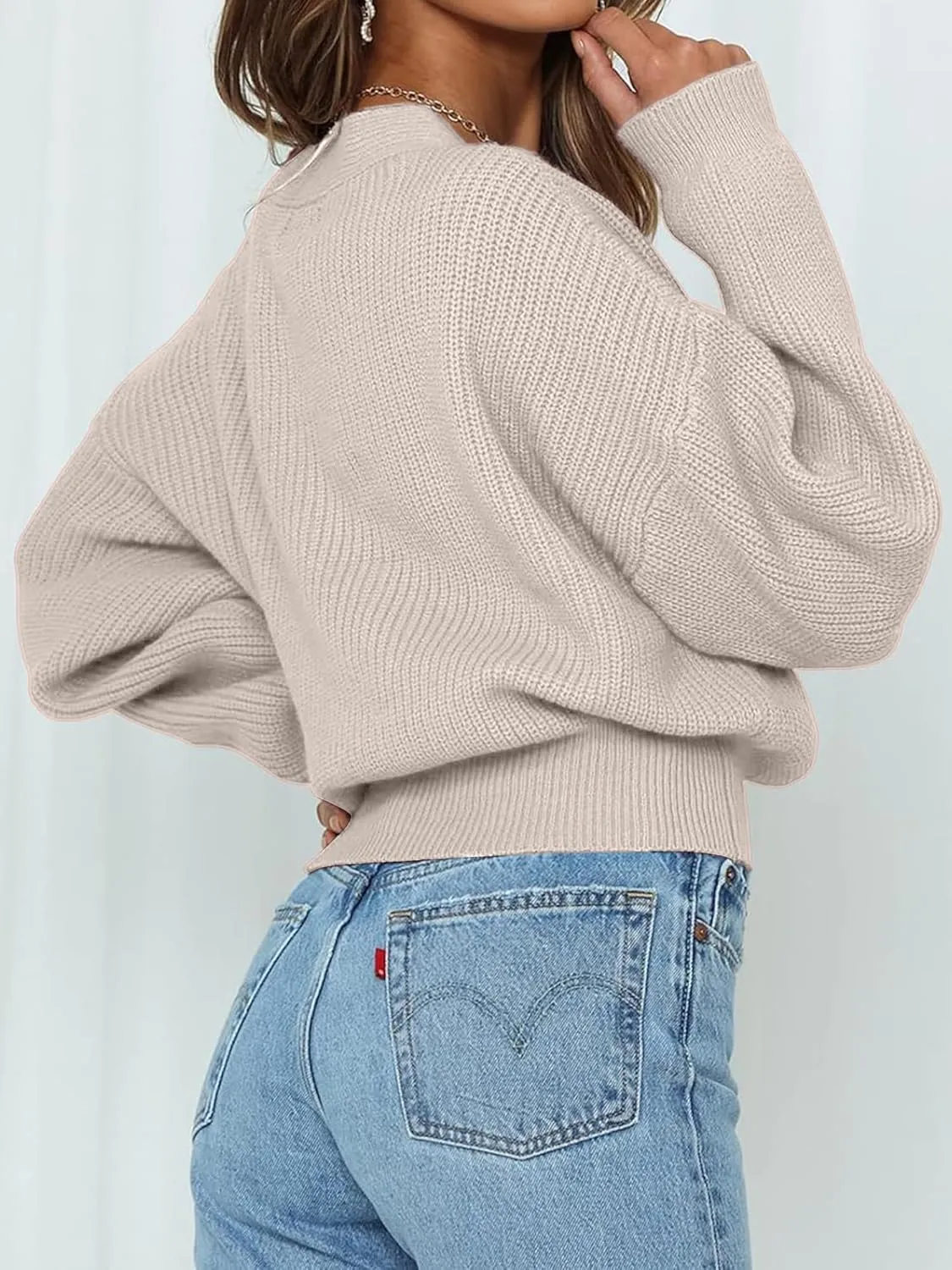 Women's Casual V Neck Wrap Sweater Pullovers Lightweight Ribbed Drop Shoulder Knitted Tops