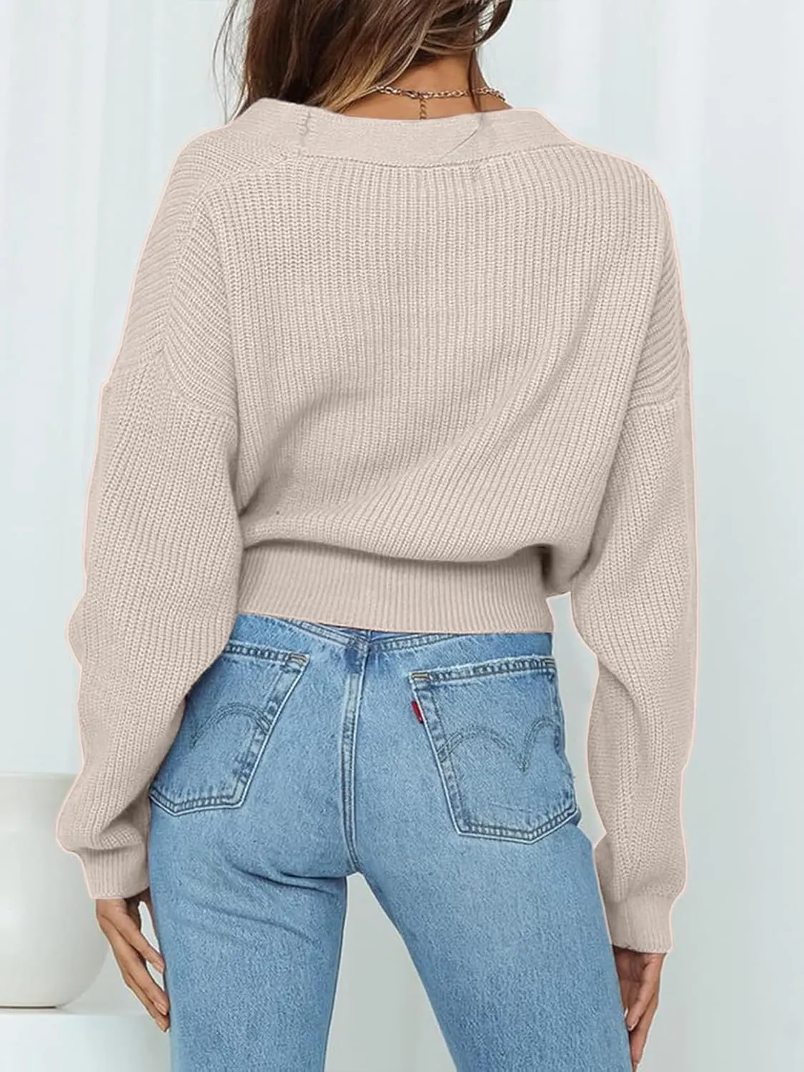 Women's Casual V Neck Wrap Sweater Pullovers Lightweight Ribbed Drop Shoulder Knitted Tops