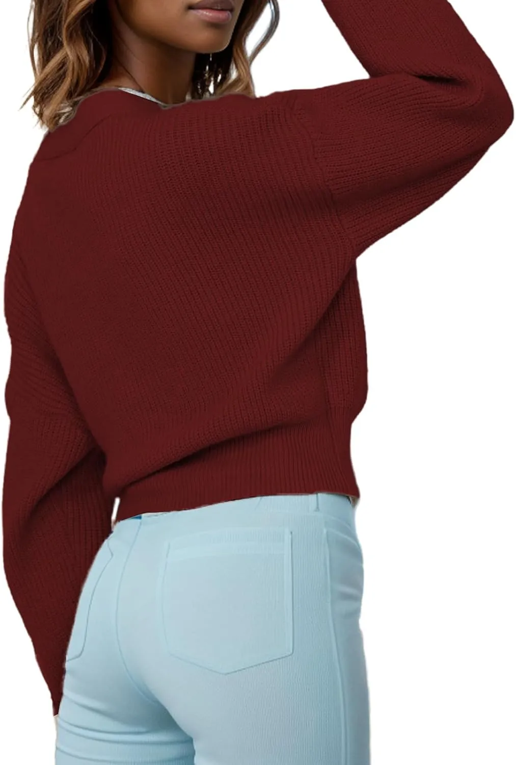 Women's Casual V Neck Wrap Sweater Pullovers Lightweight Ribbed Drop Shoulder Knitted Tops