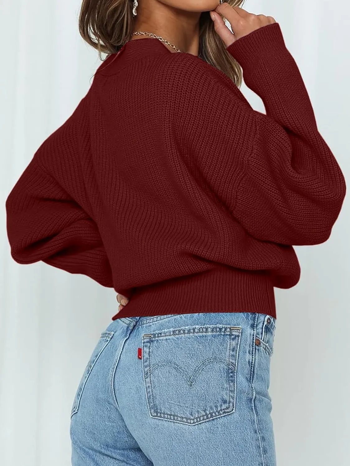 Women's Casual V Neck Wrap Sweater Pullovers Lightweight Ribbed Drop Shoulder Knitted Tops