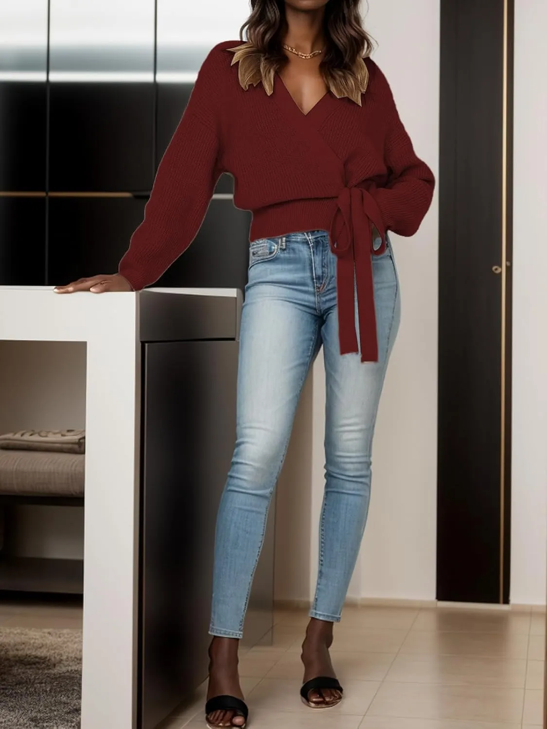 Women's Casual V Neck Wrap Sweater Pullovers Lightweight Ribbed Drop Shoulder Knitted Tops