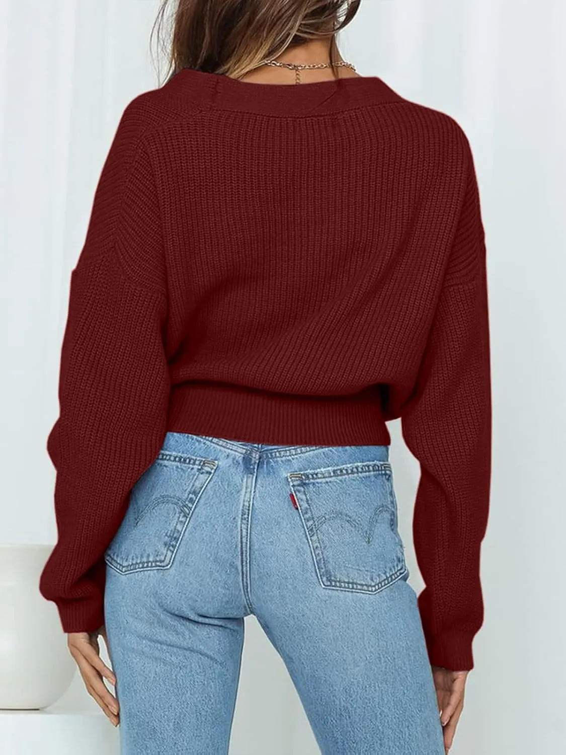 Women's Casual V Neck Wrap Sweater Pullovers Lightweight Ribbed Drop Shoulder Knitted Tops