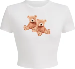 Women's Cherry Leopard T Shirts Crew Neck Short Sleeve Graphic Tees Slim Fit Crop Tops