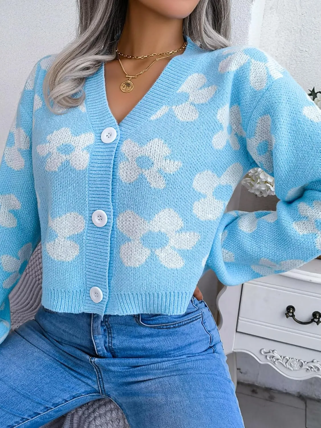 Women's Cloud Print Cropped Button Front Long Sleeve V Neck Knit Cardigan Sweater