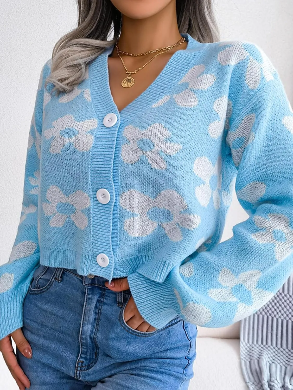 Women's Cloud Print Cropped Button Front Long Sleeve V Neck Knit Cardigan Sweater