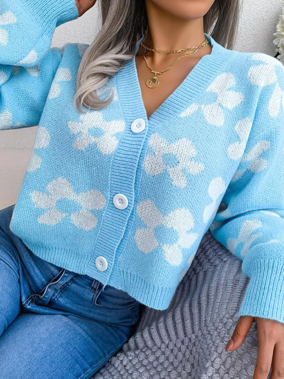 Women's Cloud Print Cropped Button Front Long Sleeve V Neck Knit Cardigan Sweater