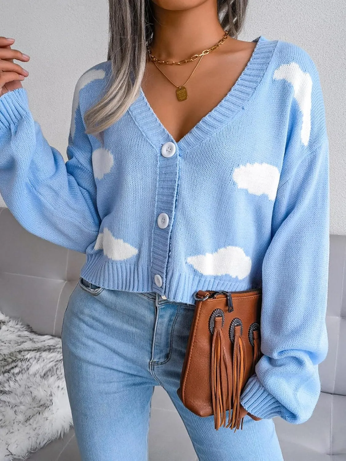 Women's Cloud Print Cropped Button Front Long Sleeve V Neck Knit Cardigan Sweater