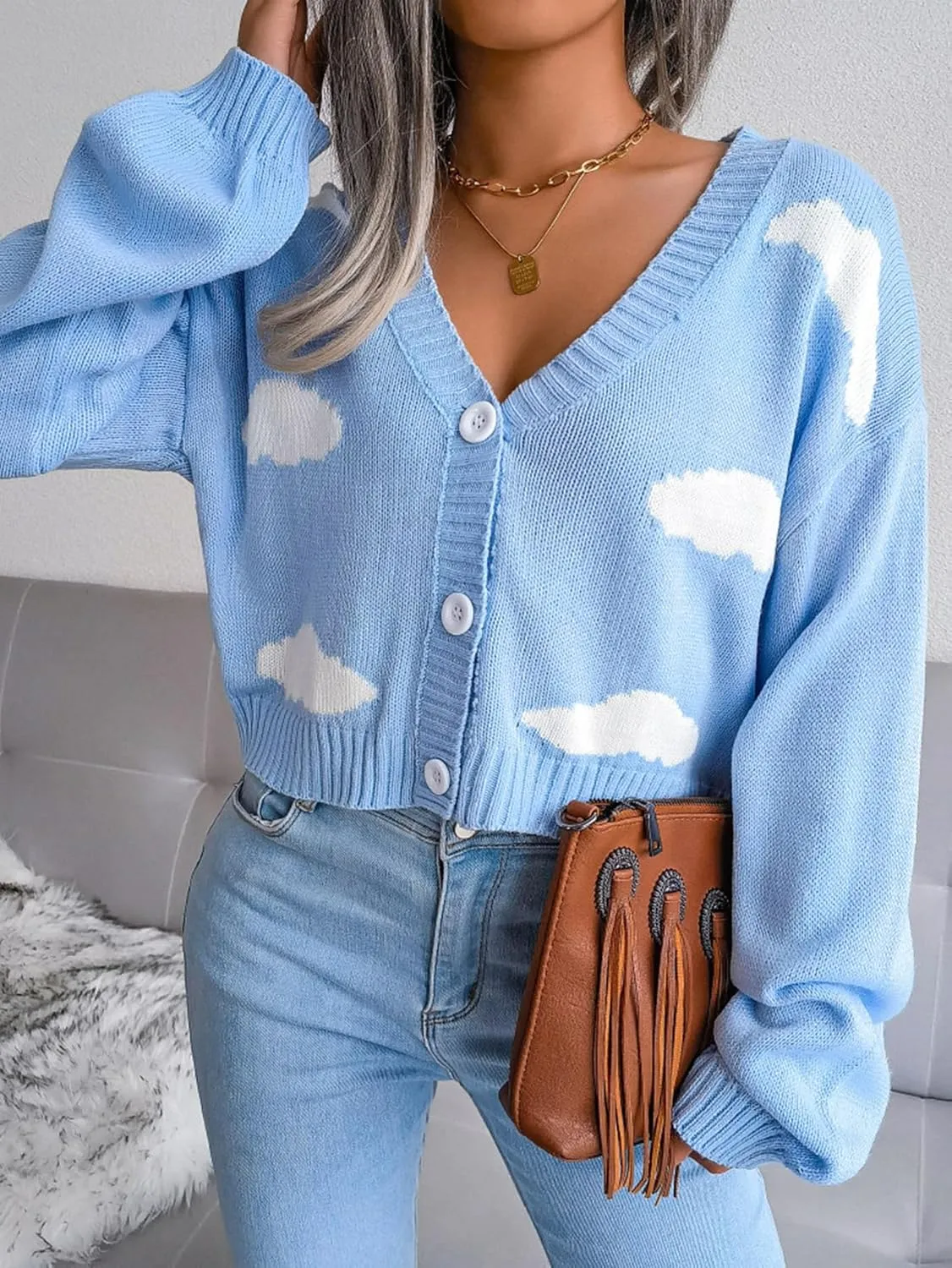 Women's Cloud Print Cropped Button Front Long Sleeve V Neck Knit Cardigan Sweater