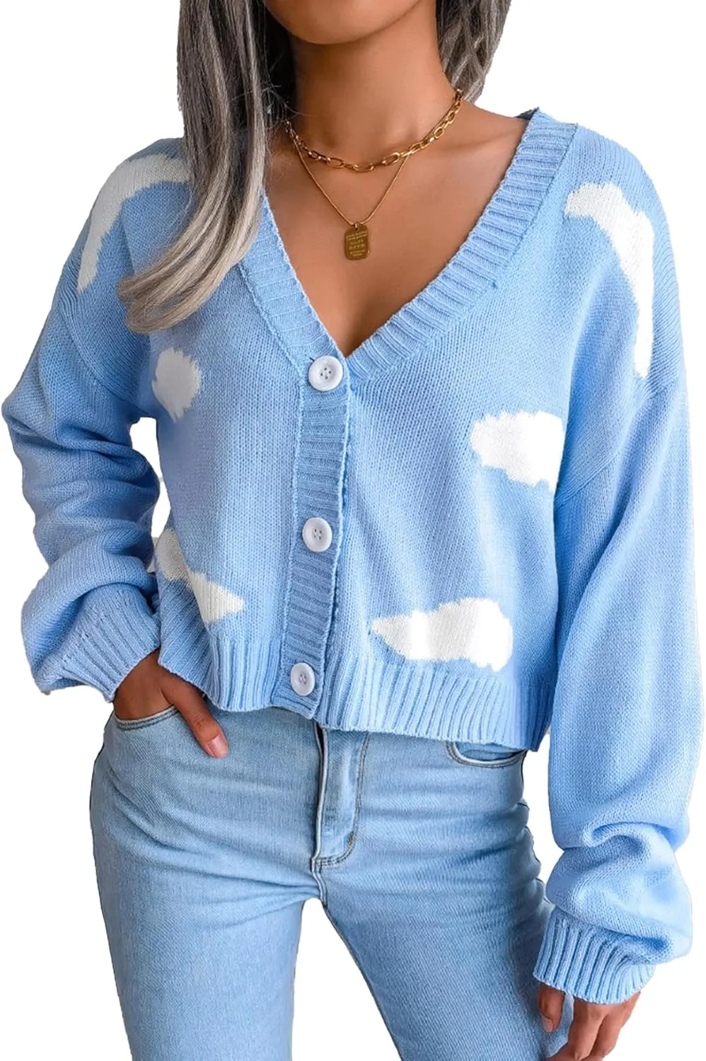 Women's Cloud Print Cropped Button Front Long Sleeve V Neck Knit Cardigan Sweater