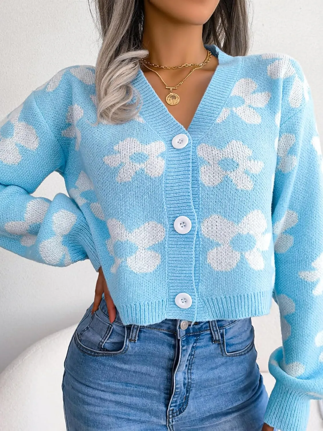 Women's Cloud Print Cropped Button Front Long Sleeve V Neck Knit Cardigan Sweater