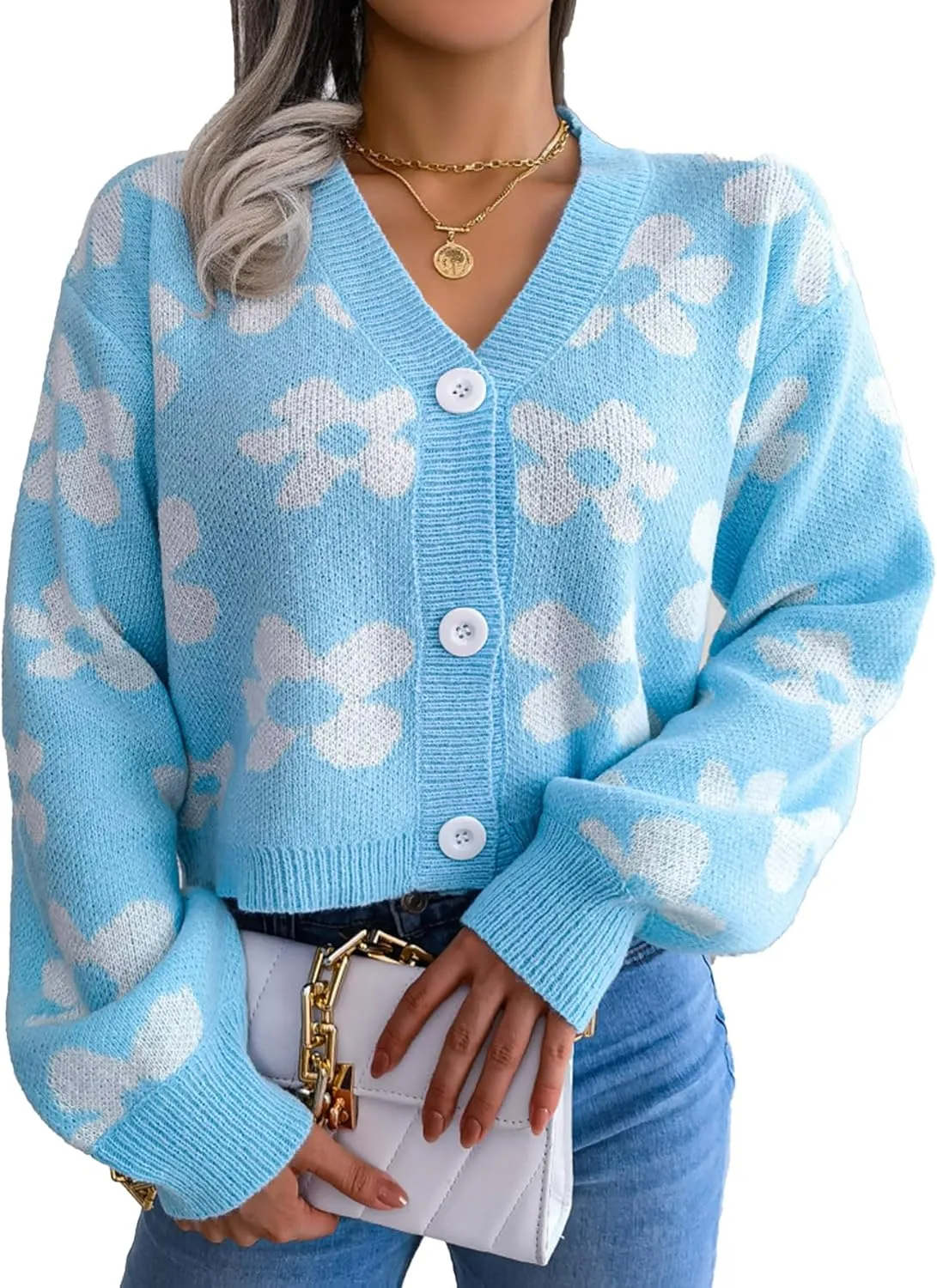 Women's Cloud Print Cropped Button Front Long Sleeve V Neck Knit Cardigan Sweater