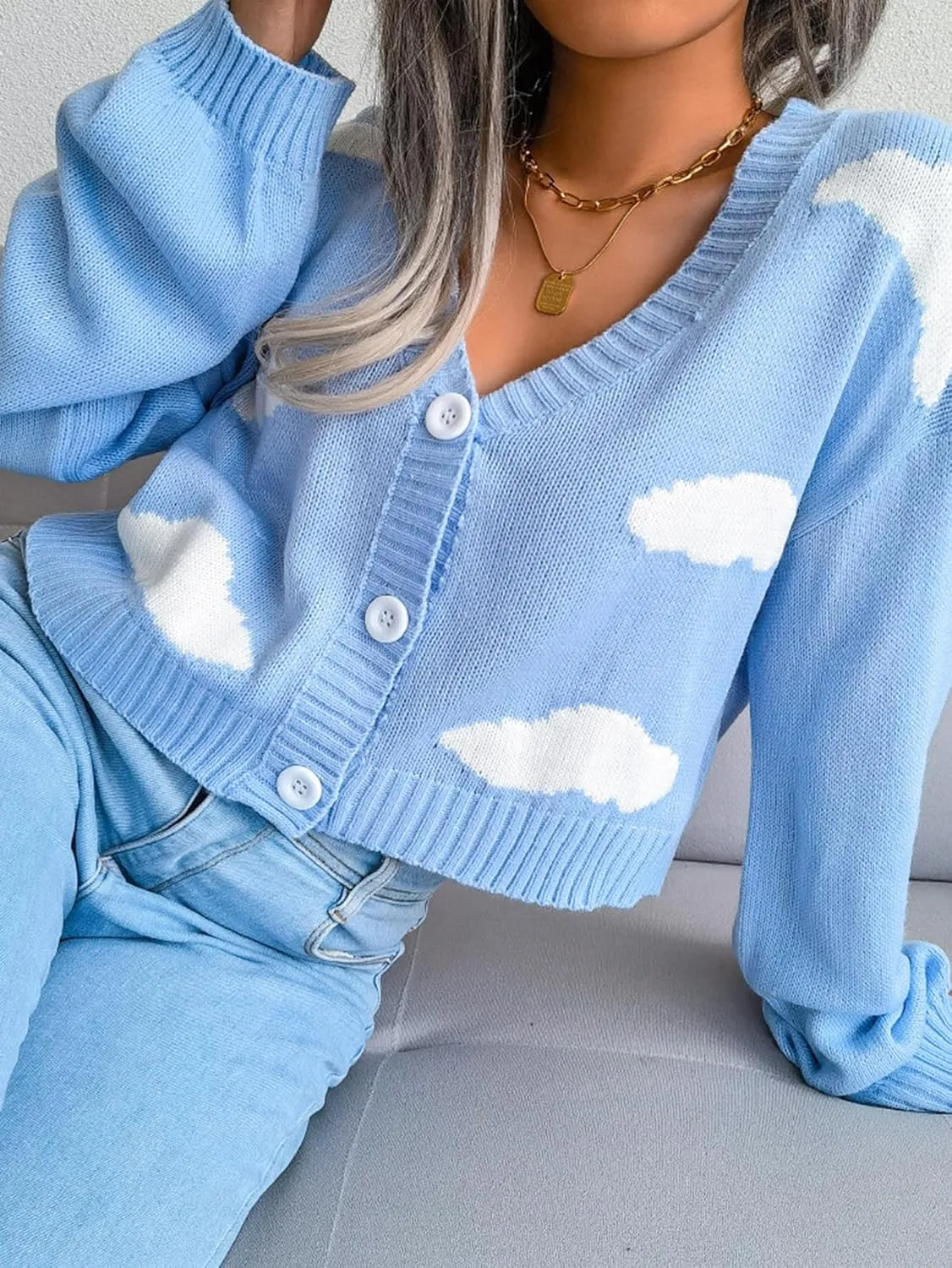 Women's Cloud Print Cropped Button Front Long Sleeve V Neck Knit Cardigan Sweater