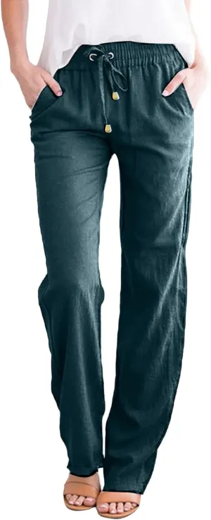 Womens Cotton Linen Casual Pants Straight Leg Drawstring Elastic High Waist Loose Comfy Palazzo Lounge Travel Cropped Trouser