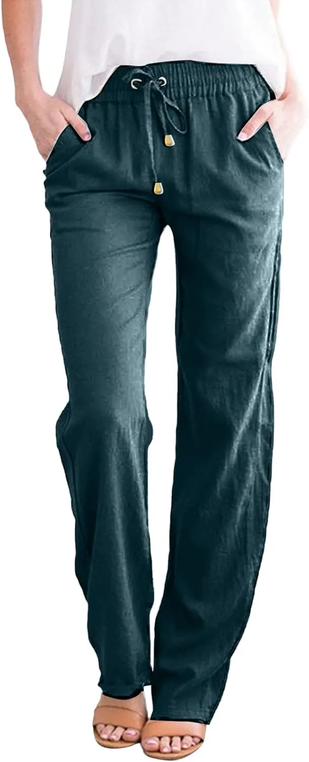 Womens Cotton Linen Casual Pants Straight Leg Drawstring Elastic High Waist Loose Comfy Palazzo Lounge Travel Cropped Trouser