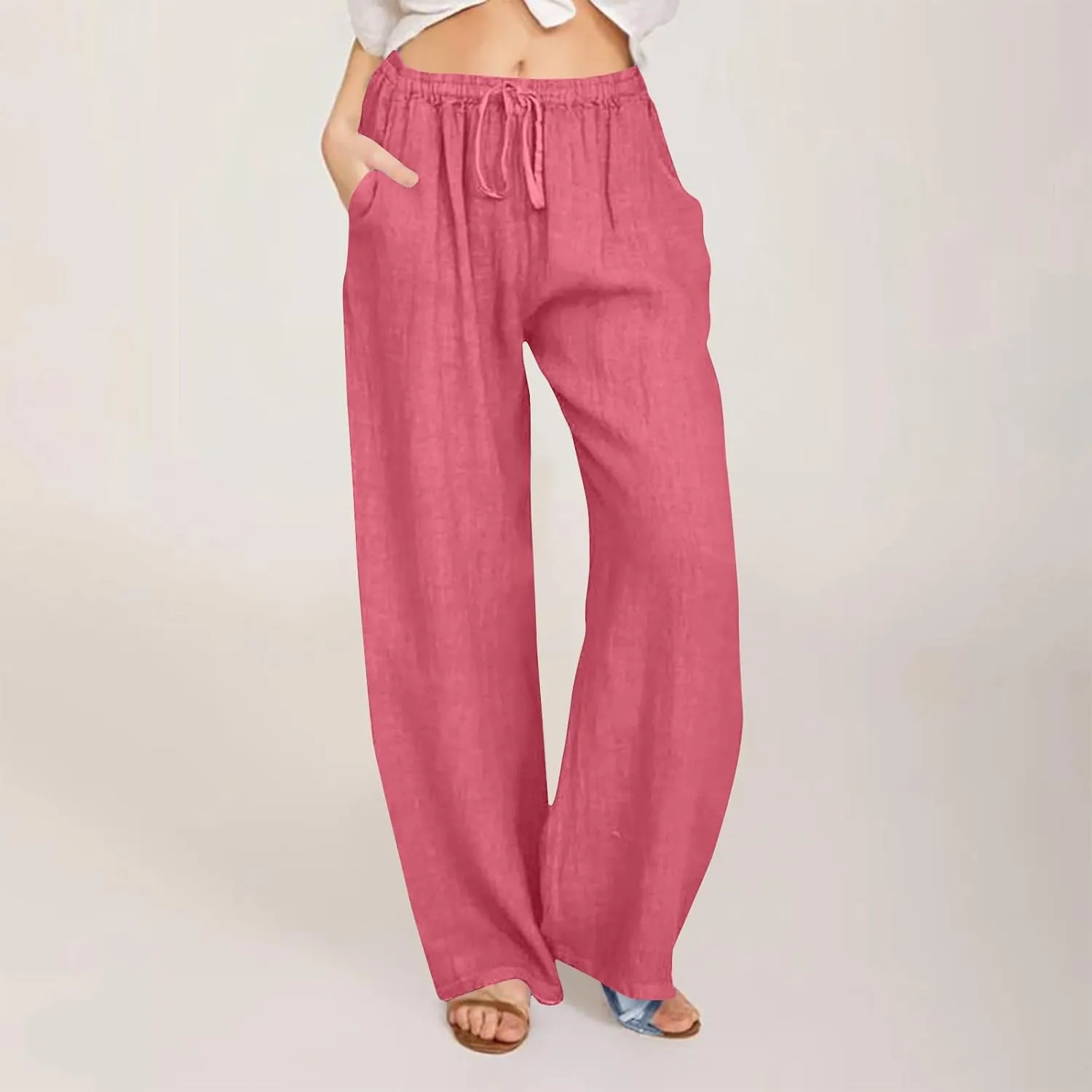Women's Cotton Linen Pants Straight Leg Elastic Waist Comfy Loose Pockets Summer Daily Wear Lounge Pants Casual 2025