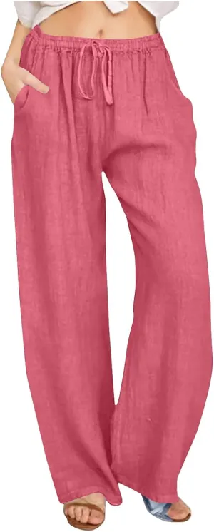Women's Cotton Linen Pants Straight Leg Elastic Waist Comfy Loose Pockets Summer Daily Wear Lounge Pants Casual 2025