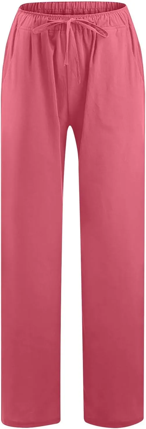 Women's Cotton Linen Pants Straight Leg Elastic Waist Comfy Loose Pockets Summer Daily Wear Lounge Pants Casual 2025