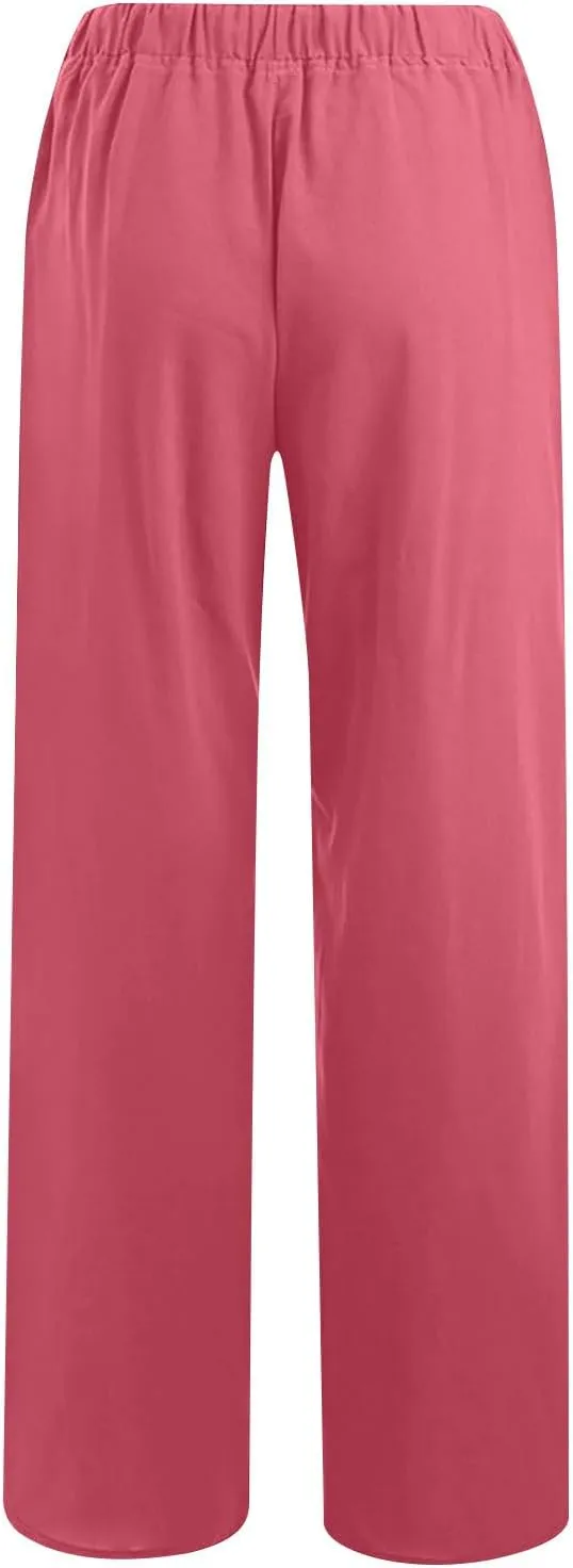 Women's Cotton Linen Pants Straight Leg Elastic Waist Comfy Loose Pockets Summer Daily Wear Lounge Pants Casual 2025