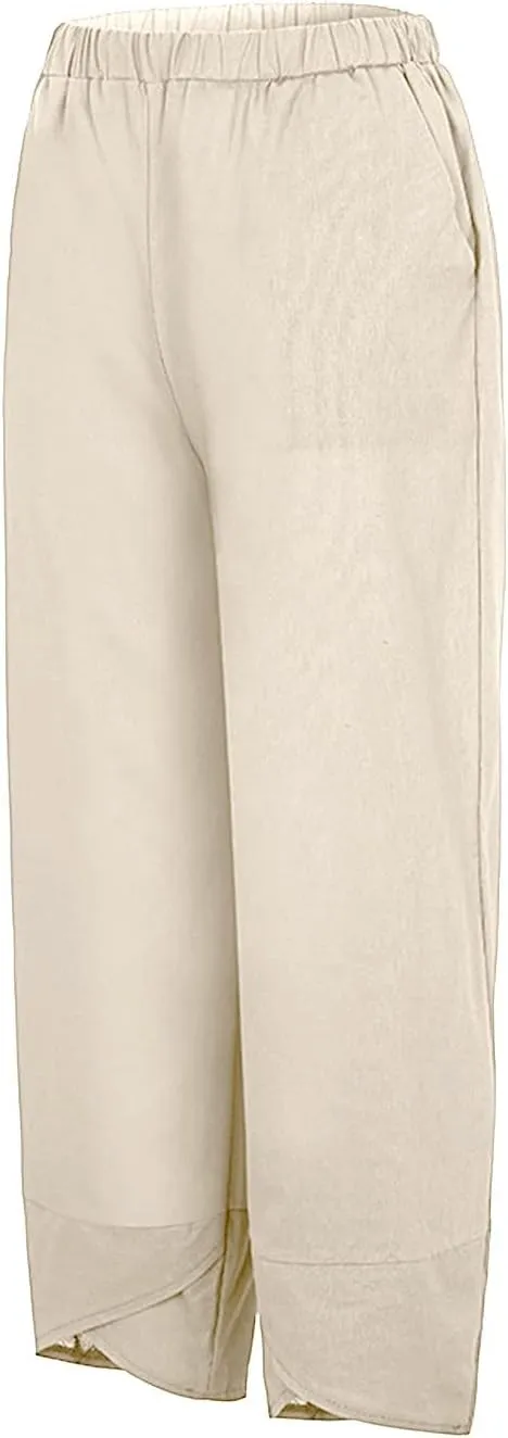 Women's Cotton Linen Summer Comfy Pant Trousers Elastic Waisted Wide Leg Slim-Fit Trousers Business Work