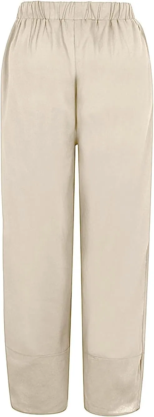 Women's Cotton Linen Summer Comfy Pant Trousers Elastic Waisted Wide Leg Slim-Fit Trousers Business Work