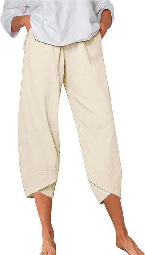 Women's Cotton Linen Summer Comfy Pant Trousers Elastic Waisted Wide Leg Slim-Fit Trousers Business Work