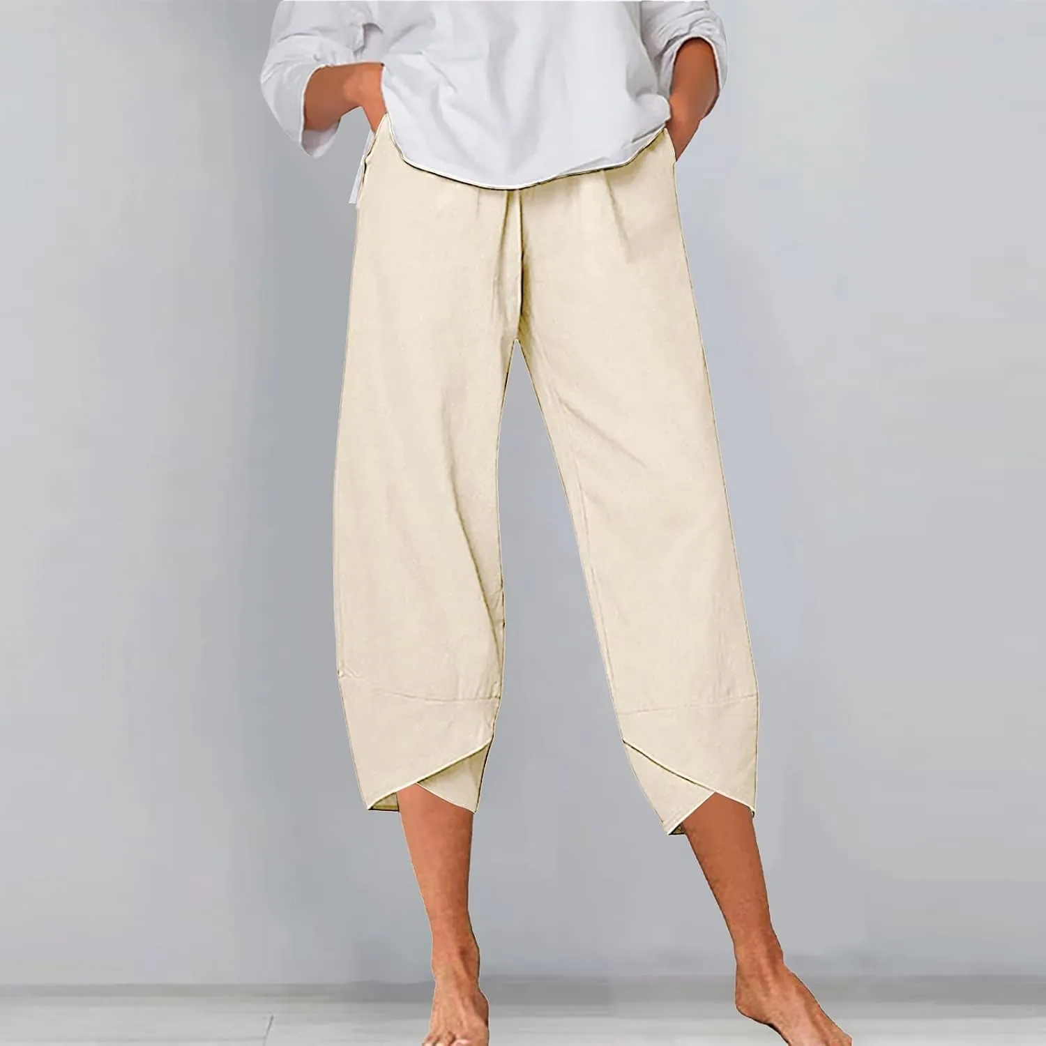 Women's Cotton Linen Summer Comfy Pant Trousers Elastic Waisted Wide Leg Slim-Fit Trousers Business Work