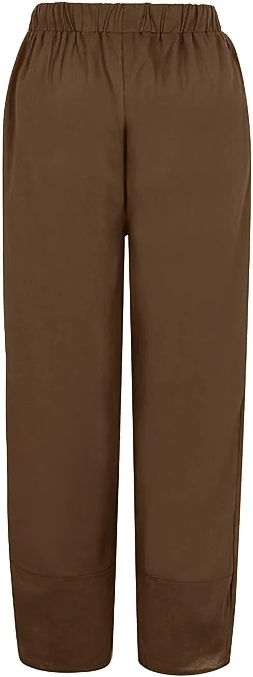 Women's Cotton Linen Summer Comfy Pant Trousers Elastic Waisted Wide Leg Slim-Fit Trousers Business Work