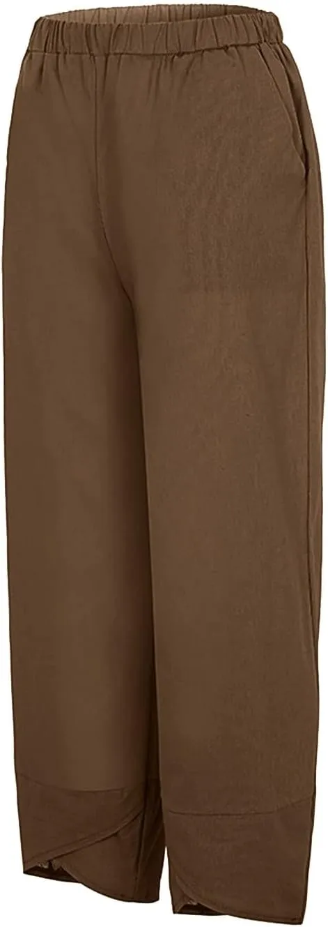 Women's Cotton Linen Summer Comfy Pant Trousers Elastic Waisted Wide Leg Slim-Fit Trousers Business Work