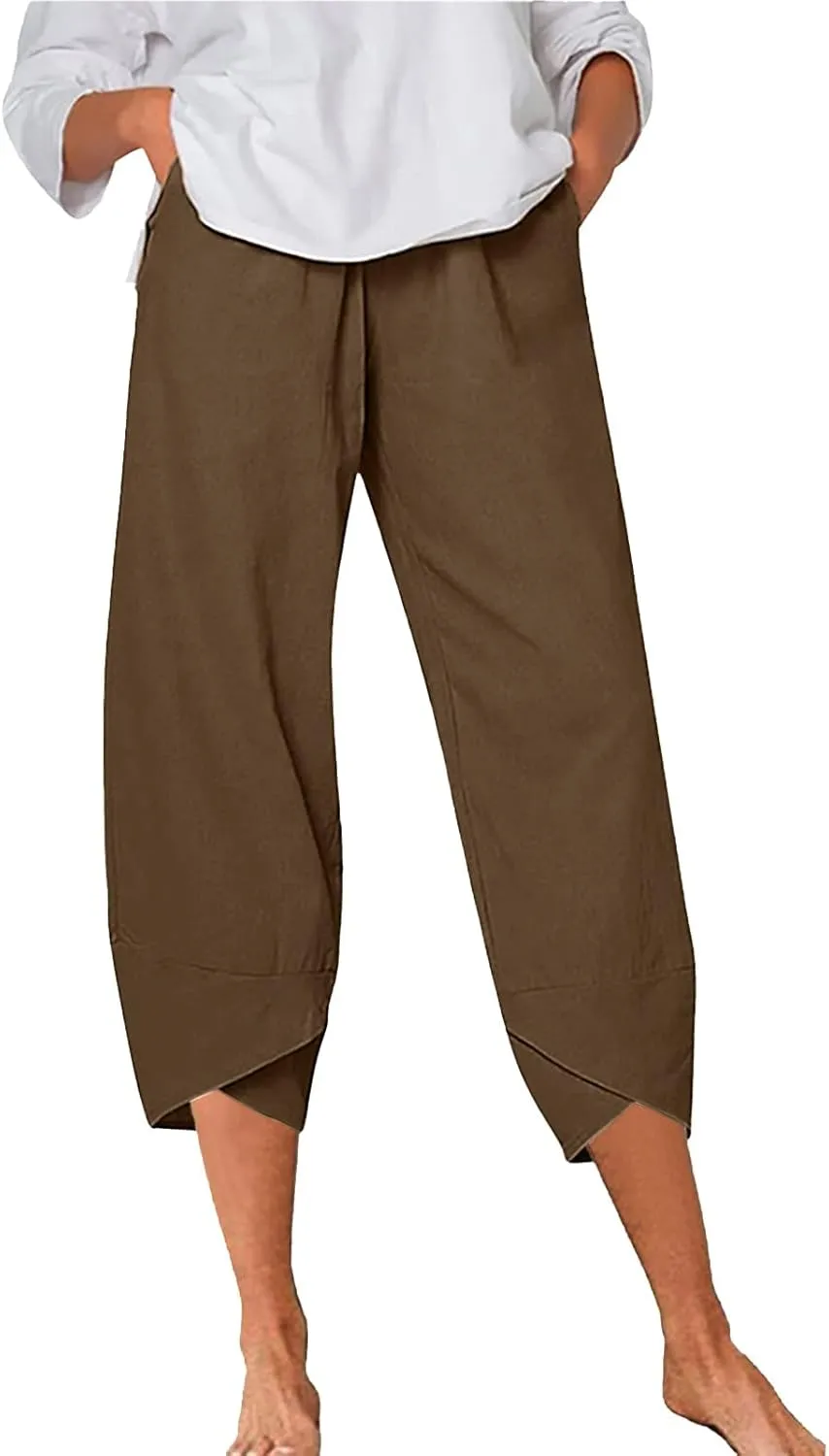 Women's Cotton Linen Summer Comfy Pant Trousers Elastic Waisted Wide Leg Slim-Fit Trousers Business Work