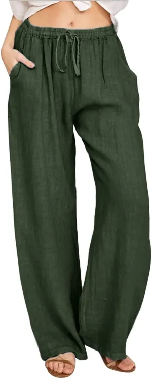 Womens Cotton Linen Summer Comfy Pants High Waist Wide Leg Slim-Fit Trousers Office