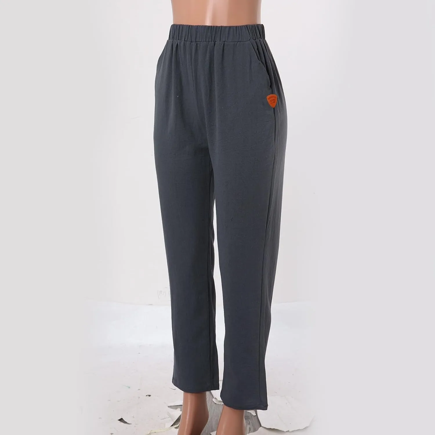 Womens Cotton Linen Summer Comfy Pants High Waist Wide Leg Slim-Fit Trousers Office