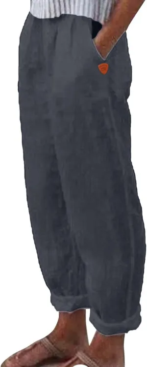 Womens Cotton Linen Summer Comfy Pants High Waist Wide Leg Slim-Fit Trousers Office