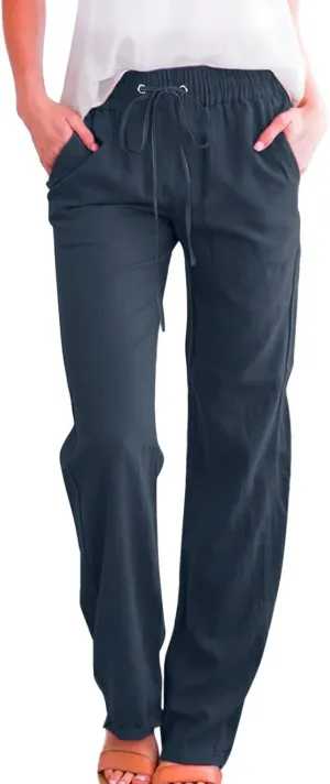 Womens Cotton Linen Summer Comfy Pants High Waist Wide Leg Slim-Fit Trousers Office