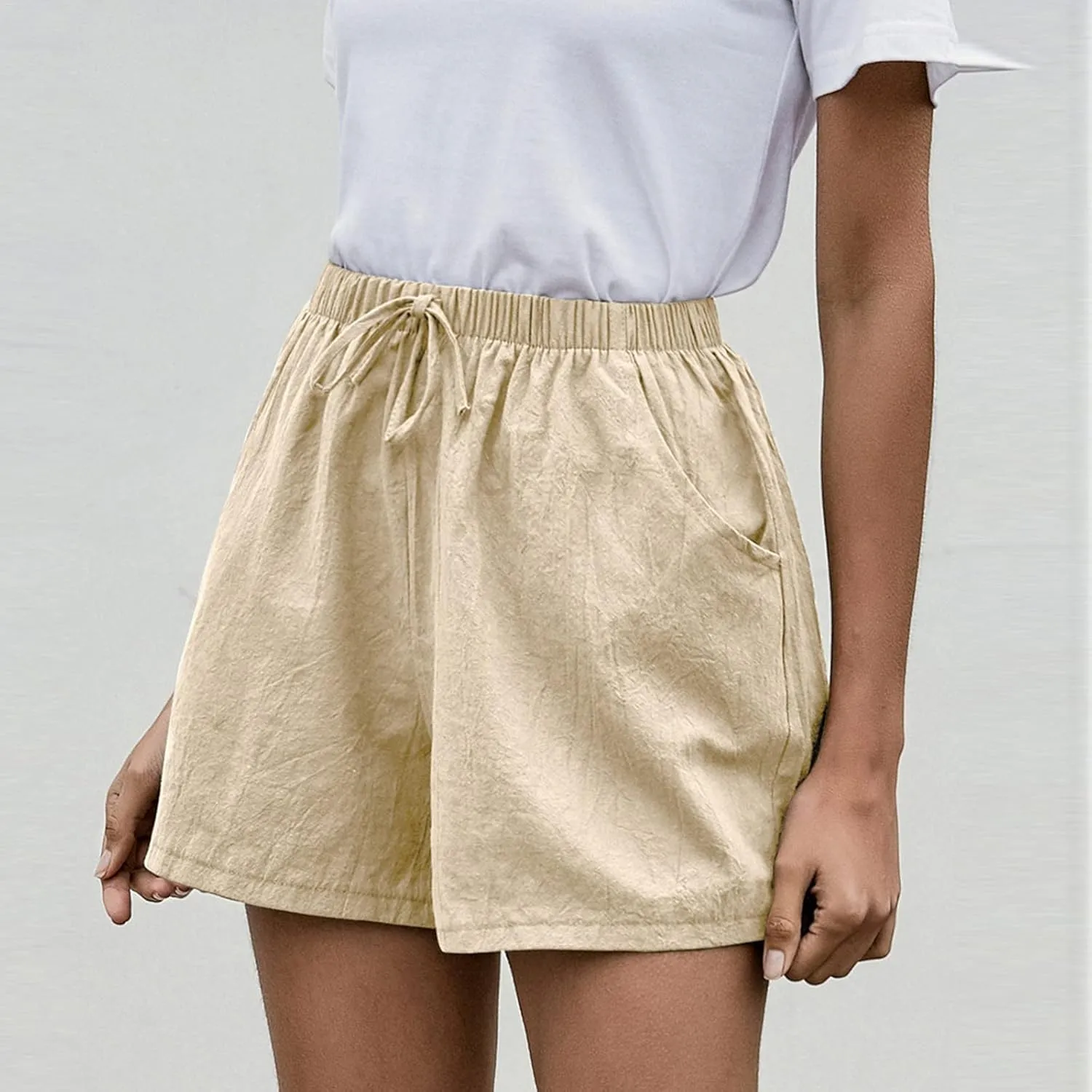 Womens Cotton Shorts Summer Comfy Linen Blend Pull On Short Breathable Elastic Waist Solid Color Work Trouser