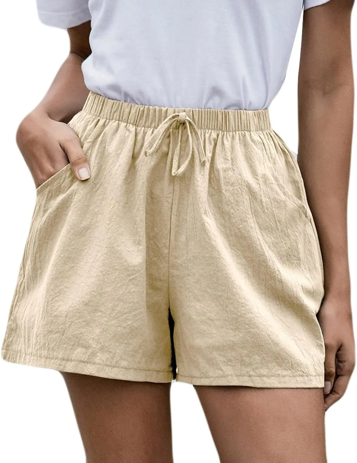 Womens Cotton Shorts Summer Comfy Linen Blend Pull On Short Breathable Elastic Waist Solid Color Work Trouser